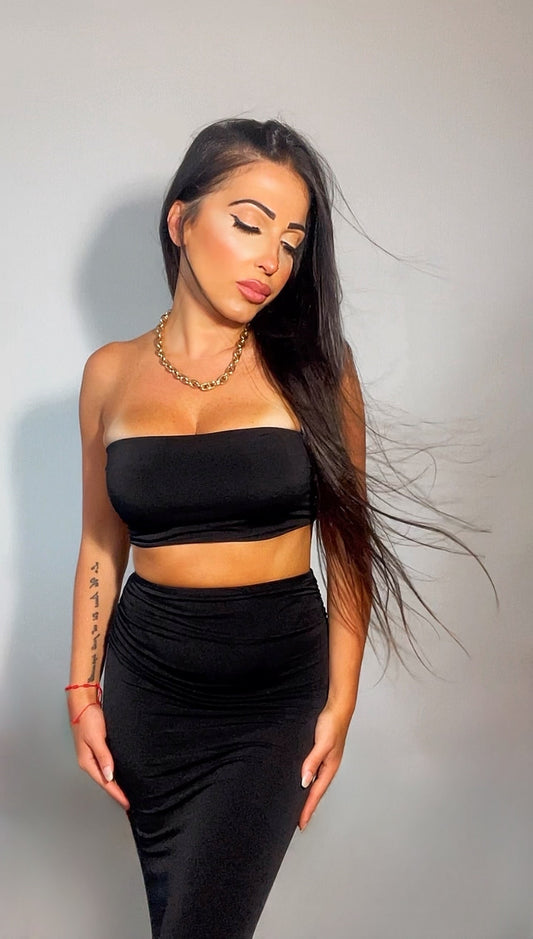 BLACK CROP TOP AND LONG SKIRT SET